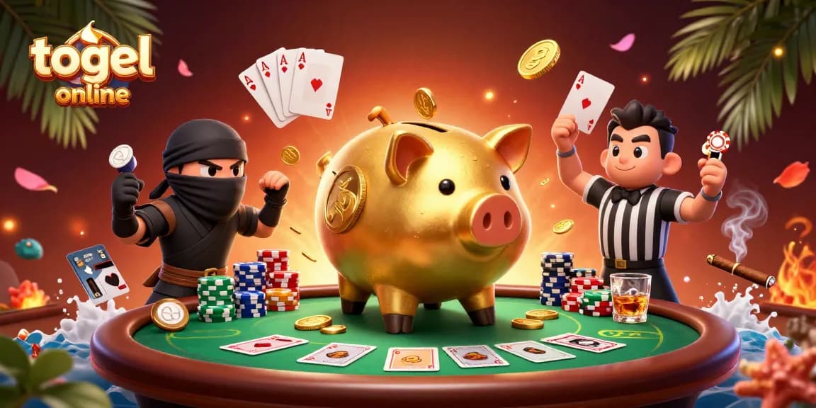 Mengalahkan togel online dalam gambar ilustrasi digital, dengan celengan emas, ninja dompet, dan wasit samurai.