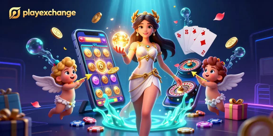 Engage with playexchange through thrilling 3D illustration of a goddess overseeing dynamic casino games.