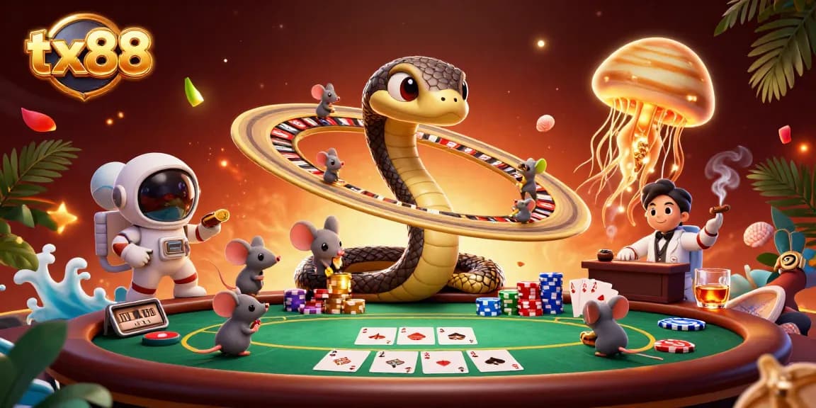 Engage in thrilling bets at tx88 with cartoon snakes and astronaut mice in a vibrant casino scene.
