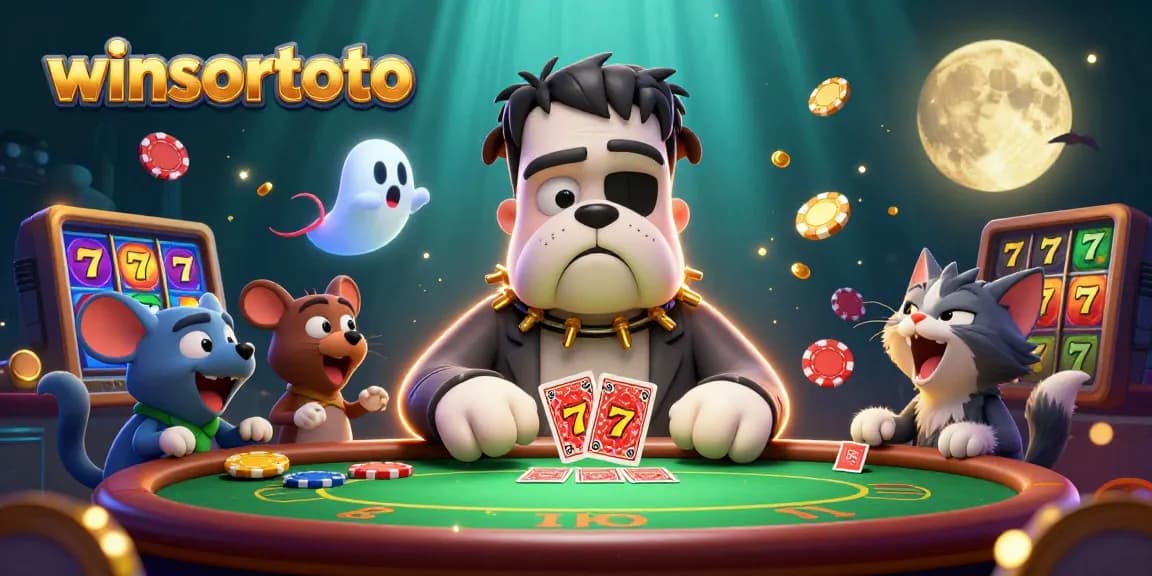 Engage with winsortoto at a spooky poker table featuring cartoon monsters and vibrant casino elements.