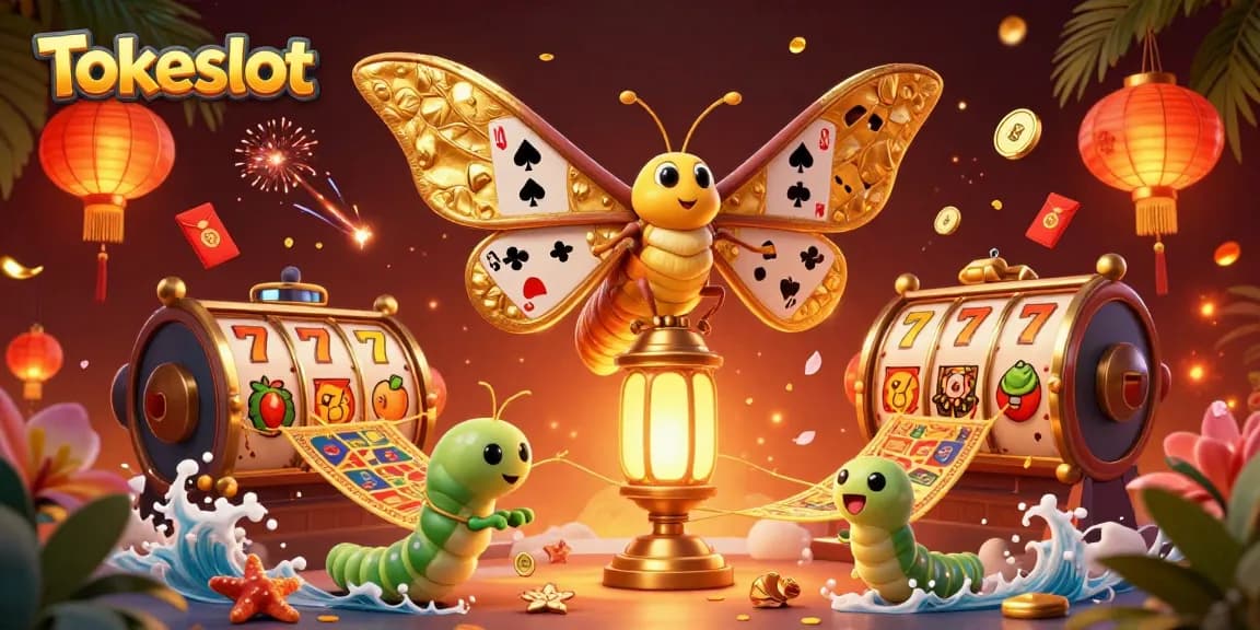 Tokeslot showcases a vibrant 3D casino scene with a cartoon moth and golden gaming elements.