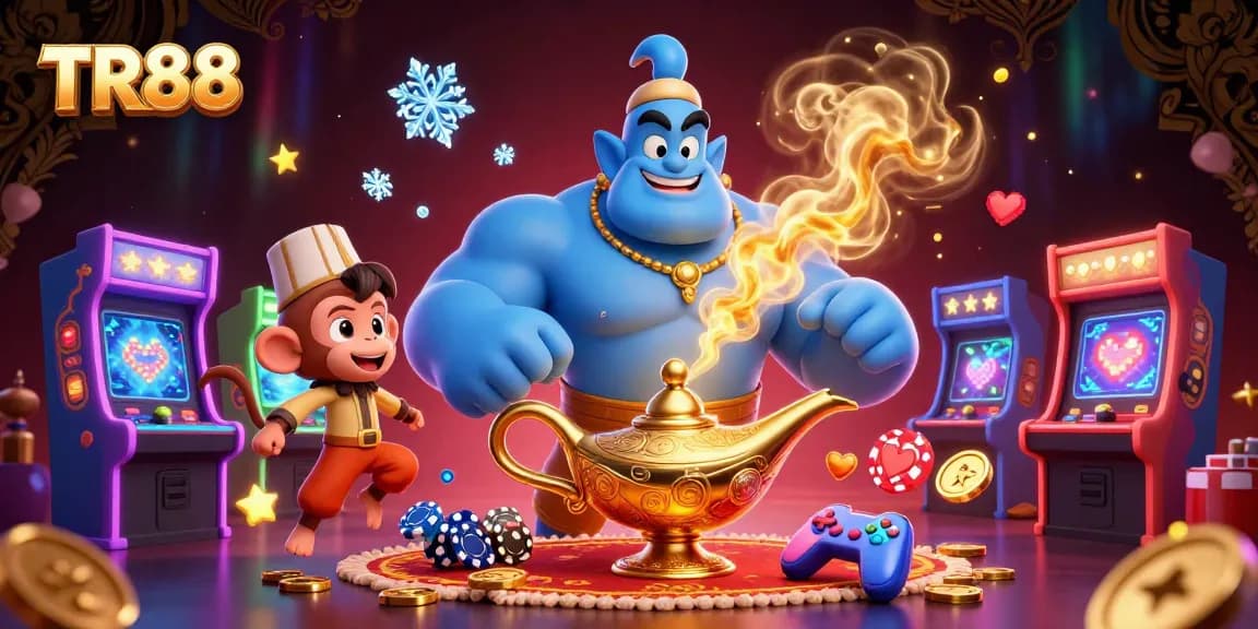 Engage in exciting casino adventures at TR88 with a vibrant 3D illustration showcasing a genie and poker chips.
