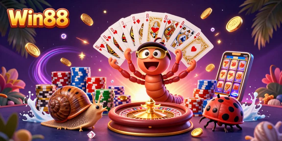 Win88 delights players with a vibrant casino scene featuring a cartoon millipede dealer and exciting game elements.