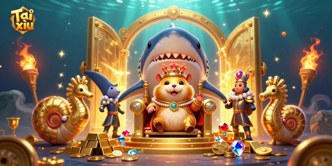 Engage in Tài xỉu with thrilling action amidst treasure and royal characters in an ornate scene.