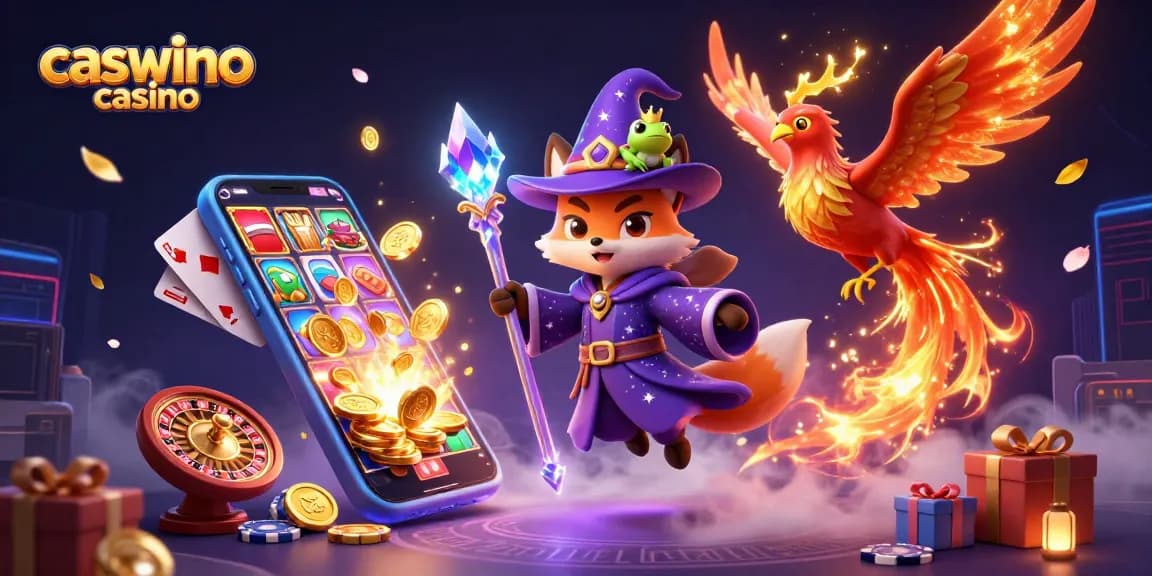 Experience the thrill of caswino casino with a magical wizard, phoenix, and vibrant gaming elements.