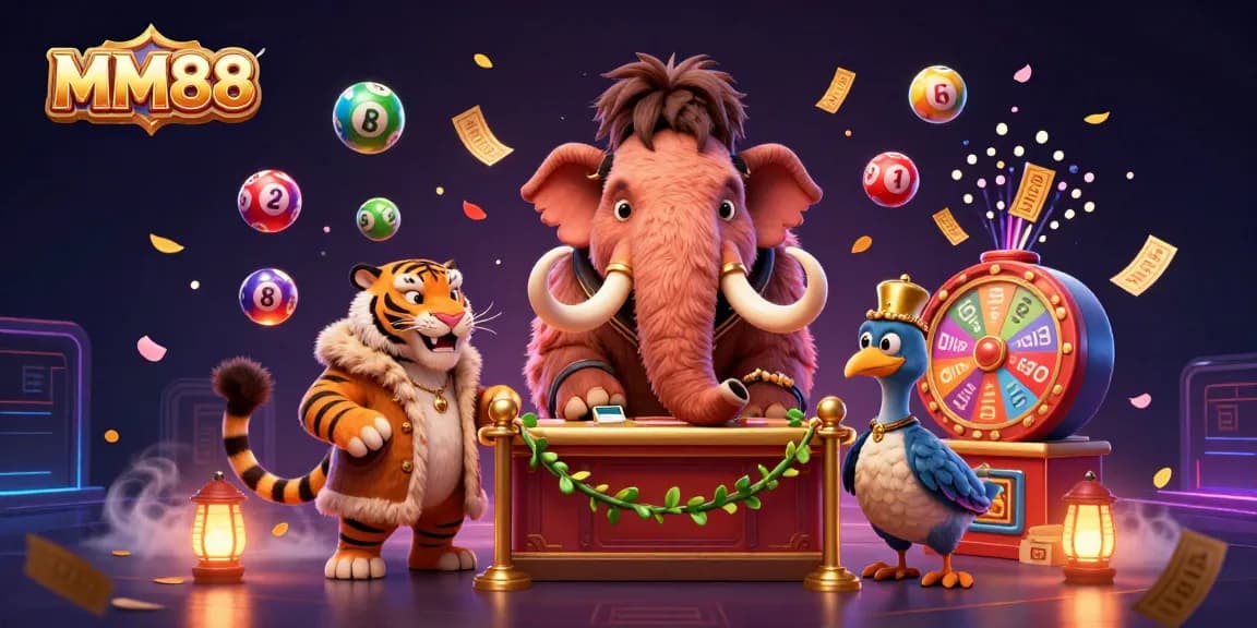Engage with the exciting MM88 casino experience featuring vibrant lottery elements and characters in an ultra-detailed 3D scene.