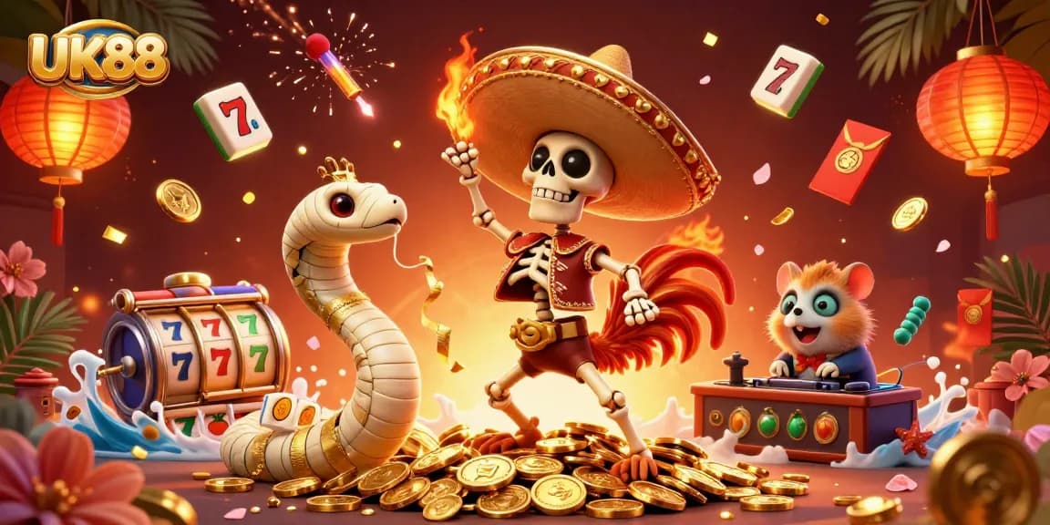 Experience entertainment with UK88's thrilling animated scene showcasing slots and festive characters.