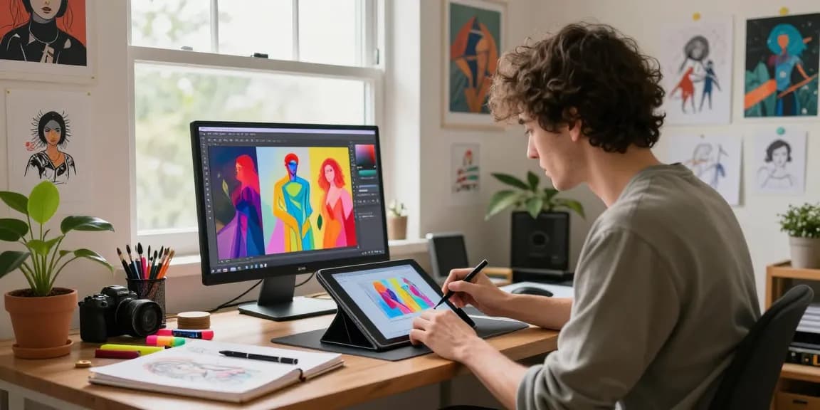 Creating vibrant NSFW AI art in a cozy studio with natural light and creative supplies.