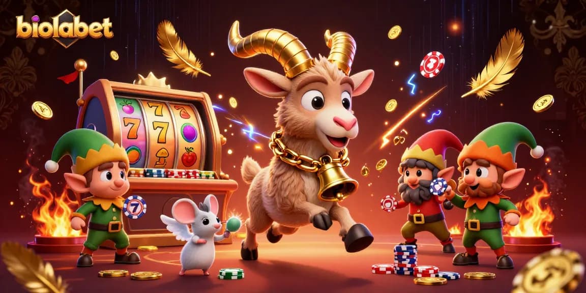 Menggambarkan biolabet dalam suasana kasino yang meriah dengan karakter ceria, chip poker, dan elemen slot yang berkilau.