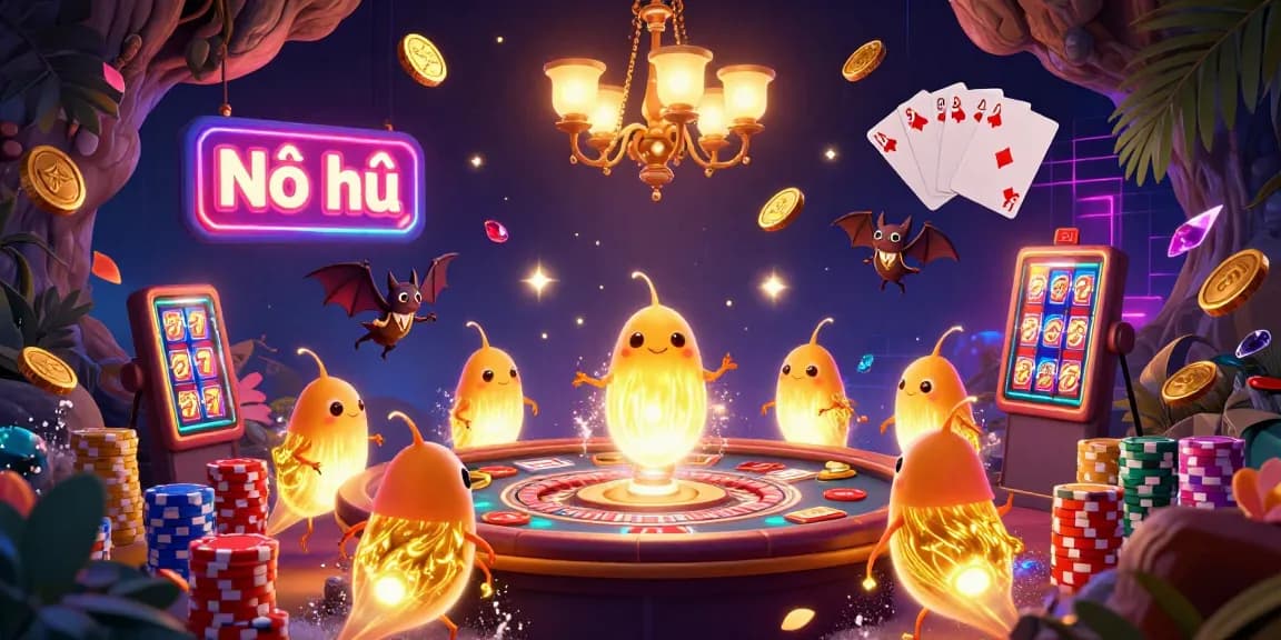 Nổ hũ features a colorful casino scene with glowworms lighting up games, showcasing the thrill of online slots.