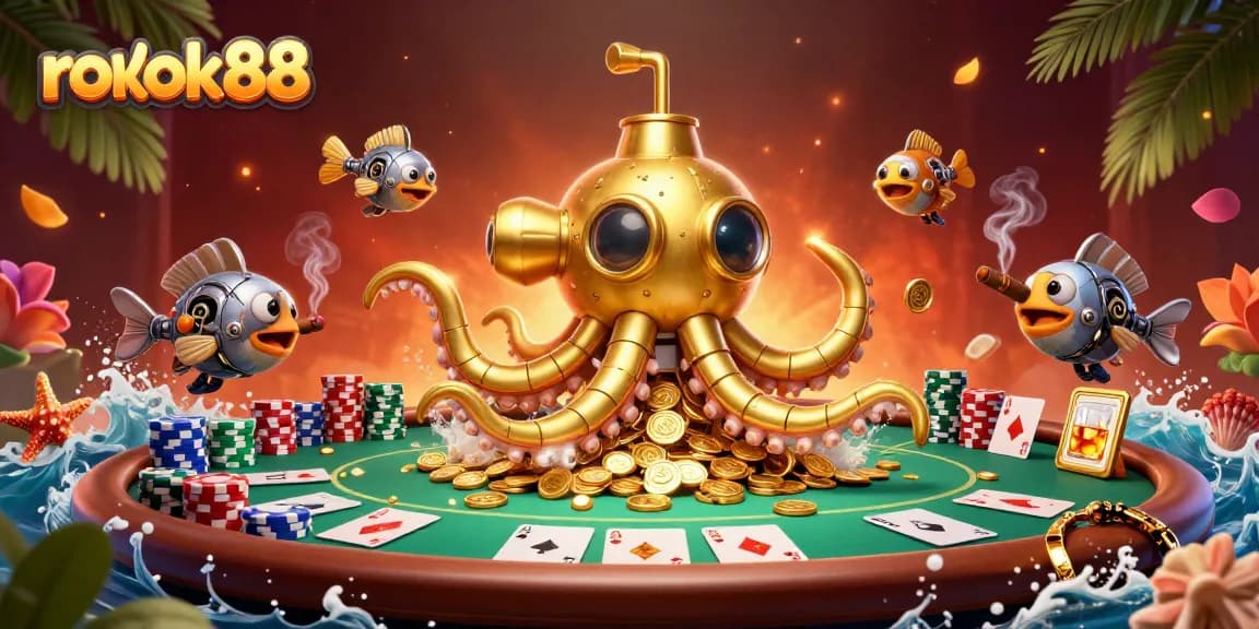 Rokok88 dan kraken emas dalam ilustrasi kasino yang penuh uang koin!
