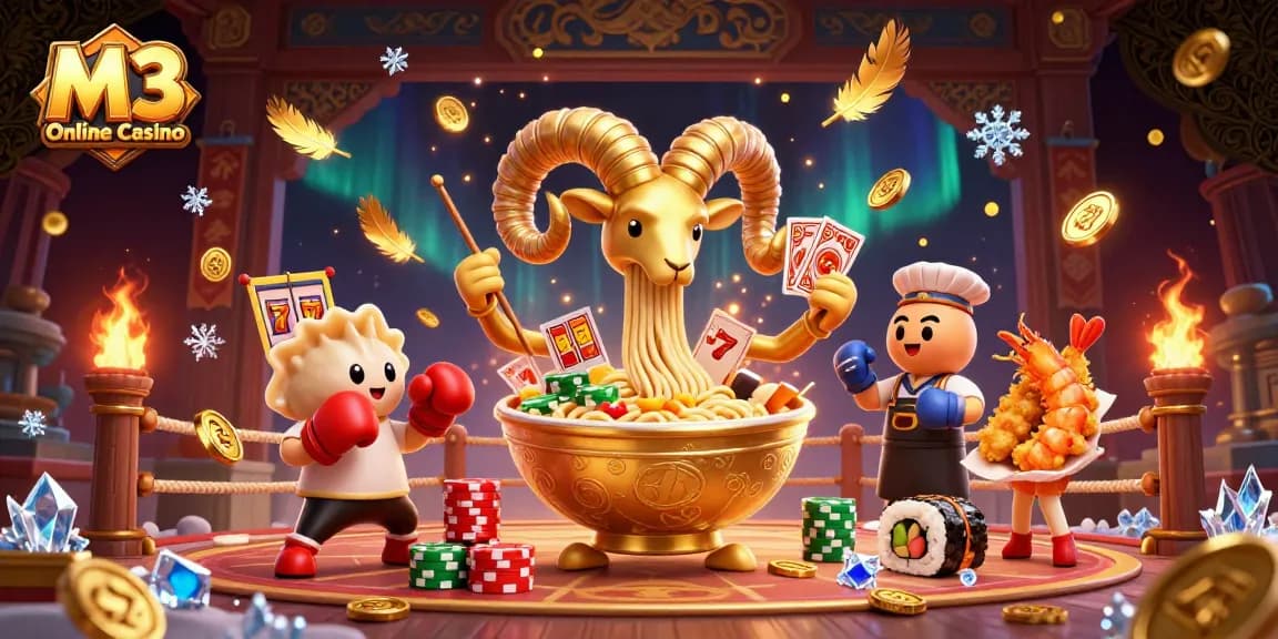 M3 Online Casino features a vibrant gambling scene with a giant ramen bowl character and dynamic game elements.