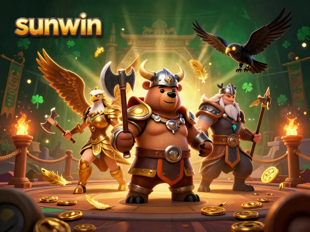Engage in thrilling sunwin gameplay with a dynamic Viking scene filled with action and gold coins.