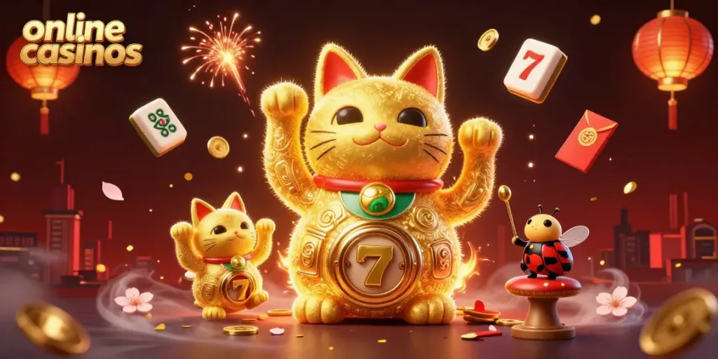 Engage with exciting online casinos showcasing a lucky cat, fireworks, and vibrant symbols.