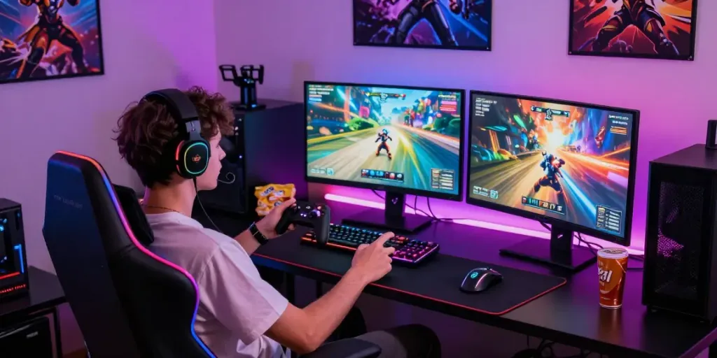 Pengalaman bermain diana4d dengan lingkungan permainan warna-warni dan perangkat gaming modern.