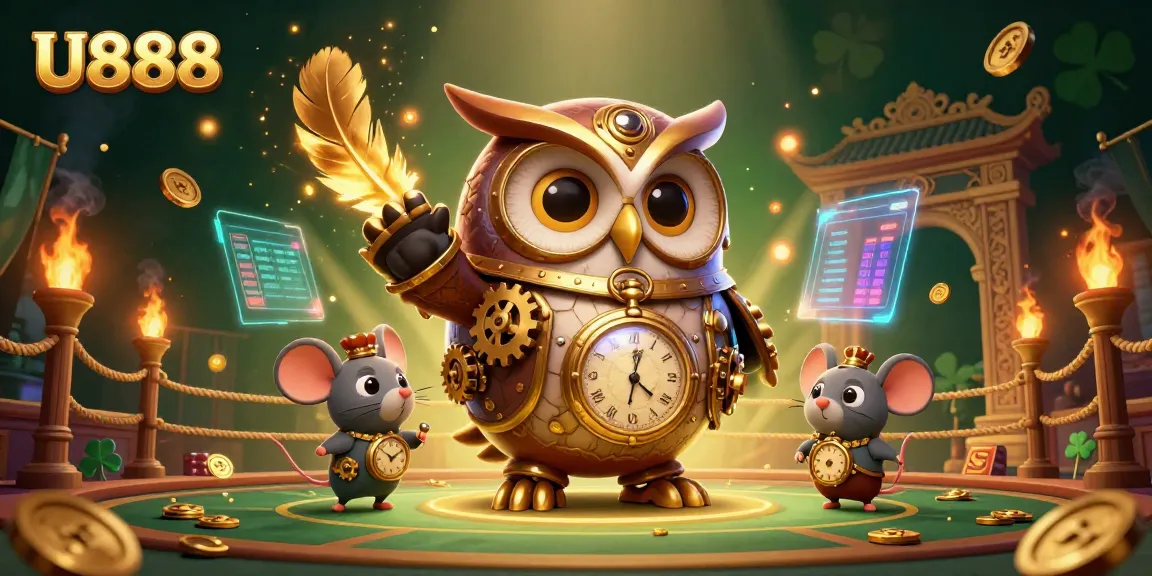 Engage with U888 through this vibrant casino-themed illustration illustrating a time-traveler owl and dynamic game elements.