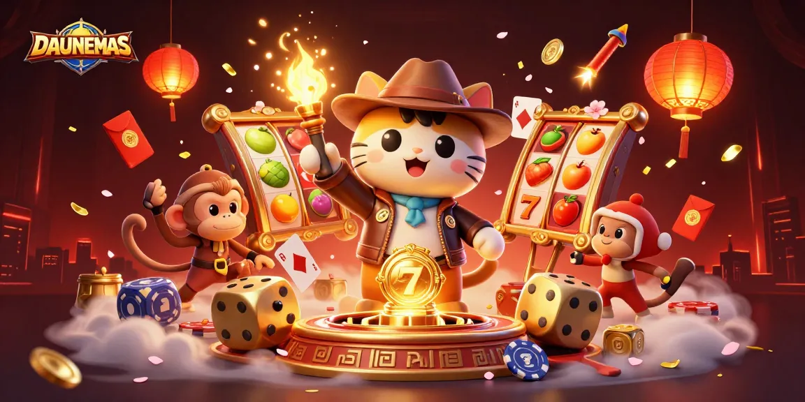 DAUNEMAS showcases a vibrant cartoon scene of a cat archaeologist finding golden casino artifacts.