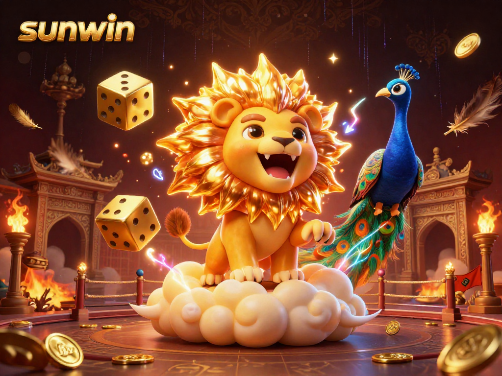 Engage in thrilling gameplay with sunwin's vibrant scene, showcasing a roaring lion, dice, and dynamic elements.