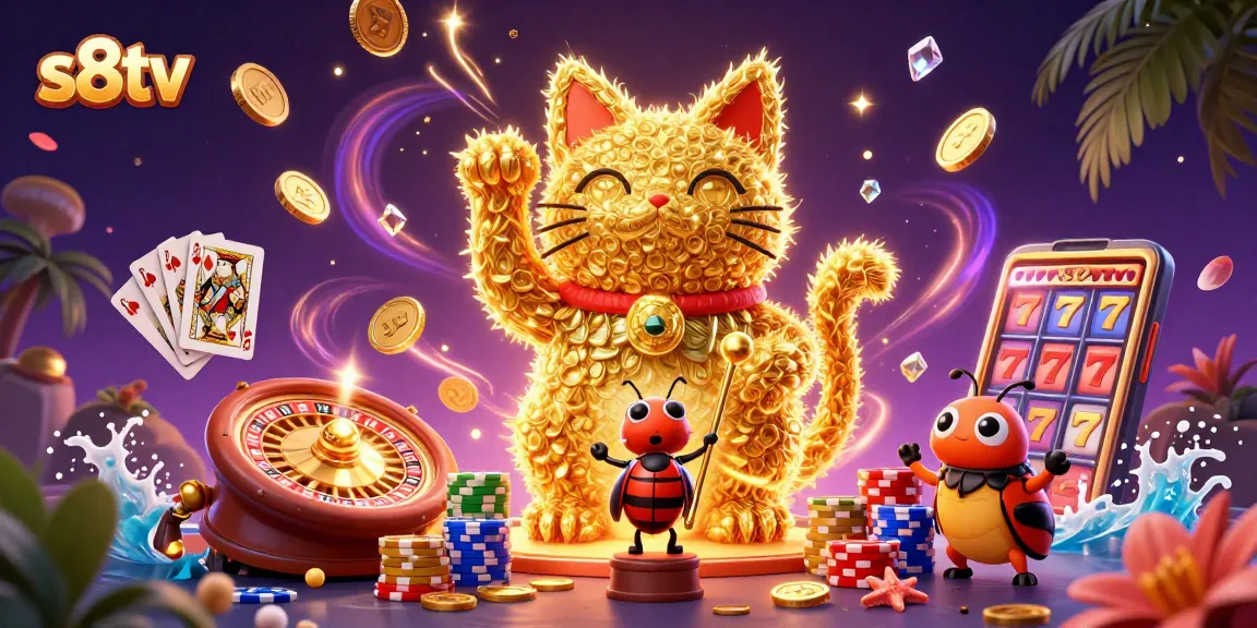 S8TV showcases a vibrant 3D scene with golden fireflies, lively casino symbols, and engaging gaming elements.