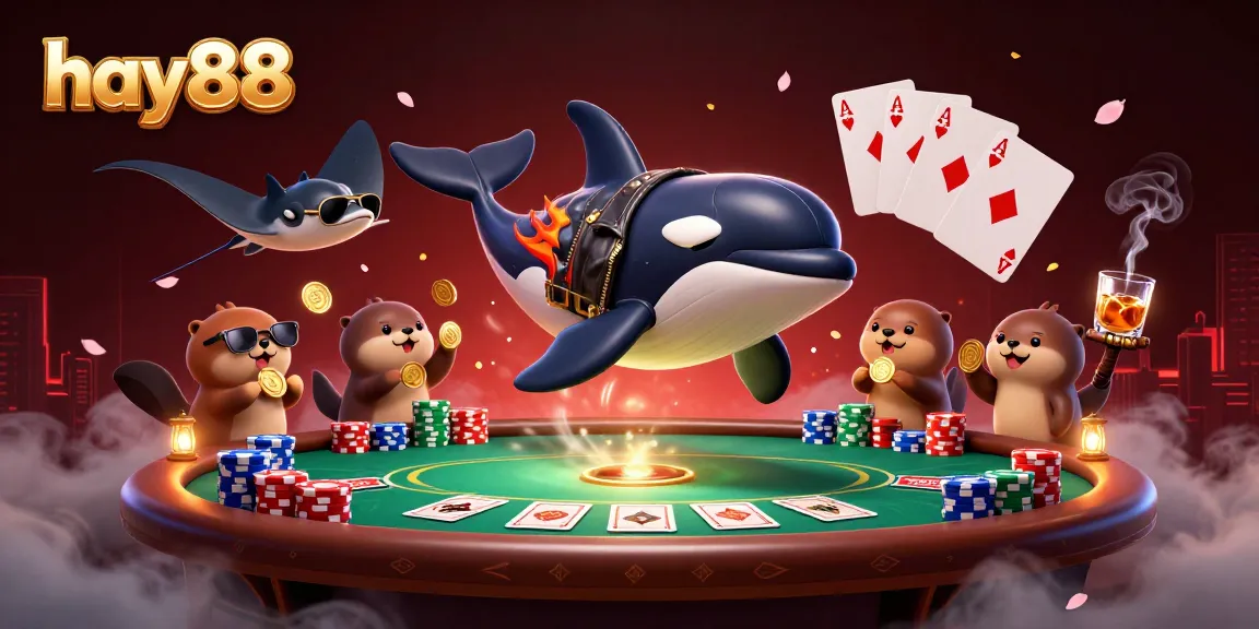 Experience excitement at hay88 with a playful scene featuring an orca, stingray, and otters amidst poker elements.