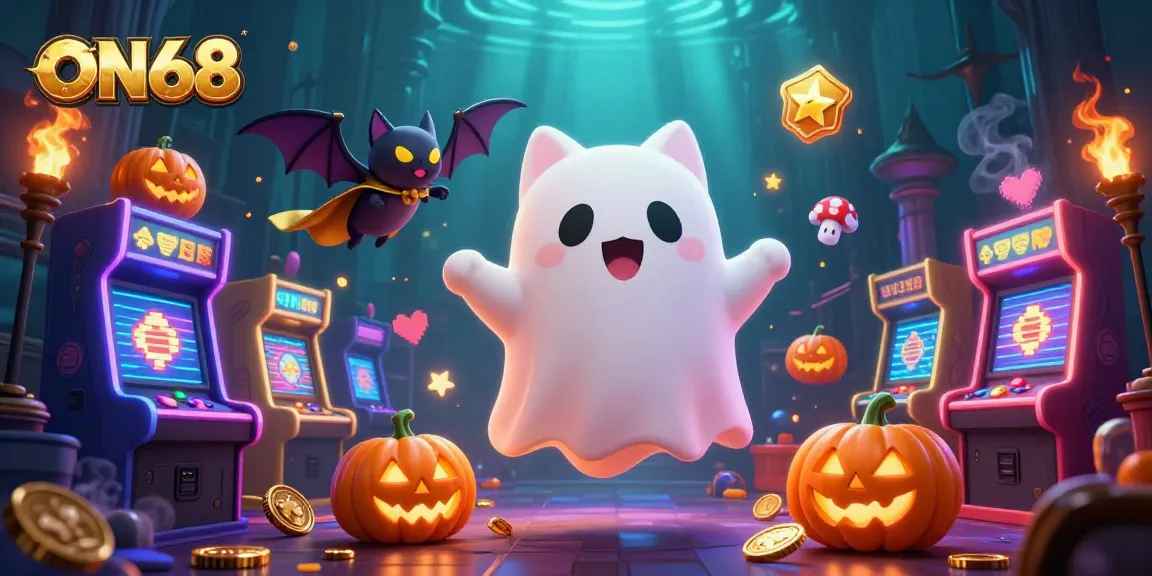 Engage with the thrilling ON68 casino experience featuring a playful ghost cat and vibrant gaming elements.