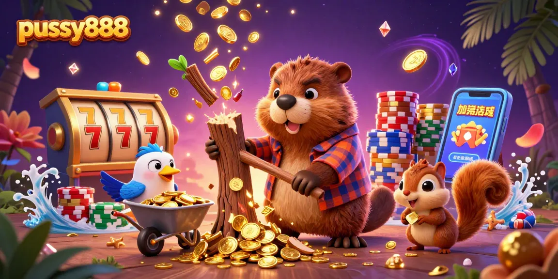 Pussy888 slots come to life with a cartoon beaver, bird, and squirrel collecting golden coins and jackpots.