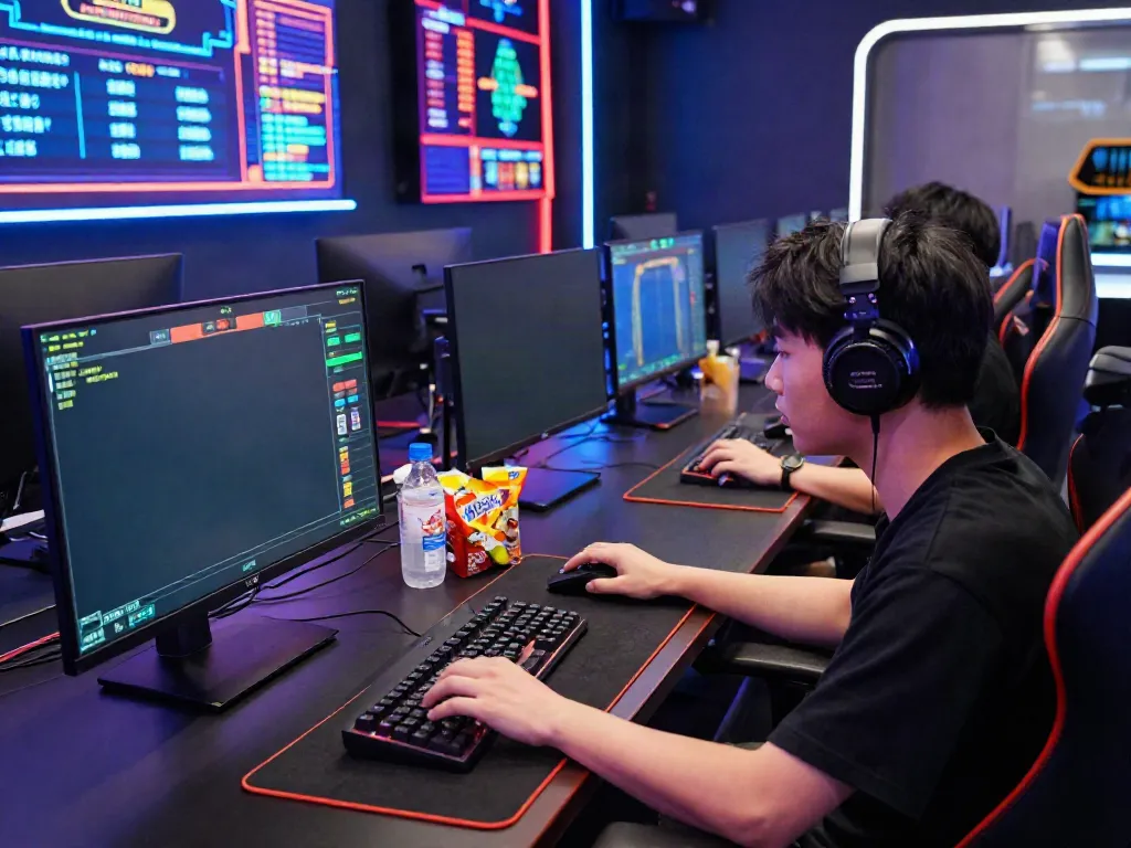 Professional gamer engaging in online slot game analytics driven by luxury111 with a tech-savvy setup.