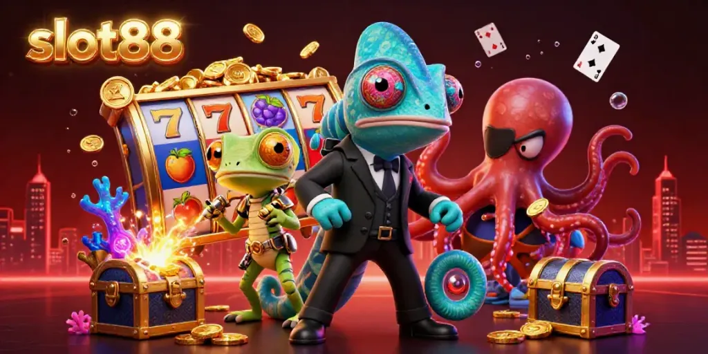 Slot88 menghibur pemain dengan slot modern yang berwarna-warni dan karakter unik dalam ilustrasi kasino digital.