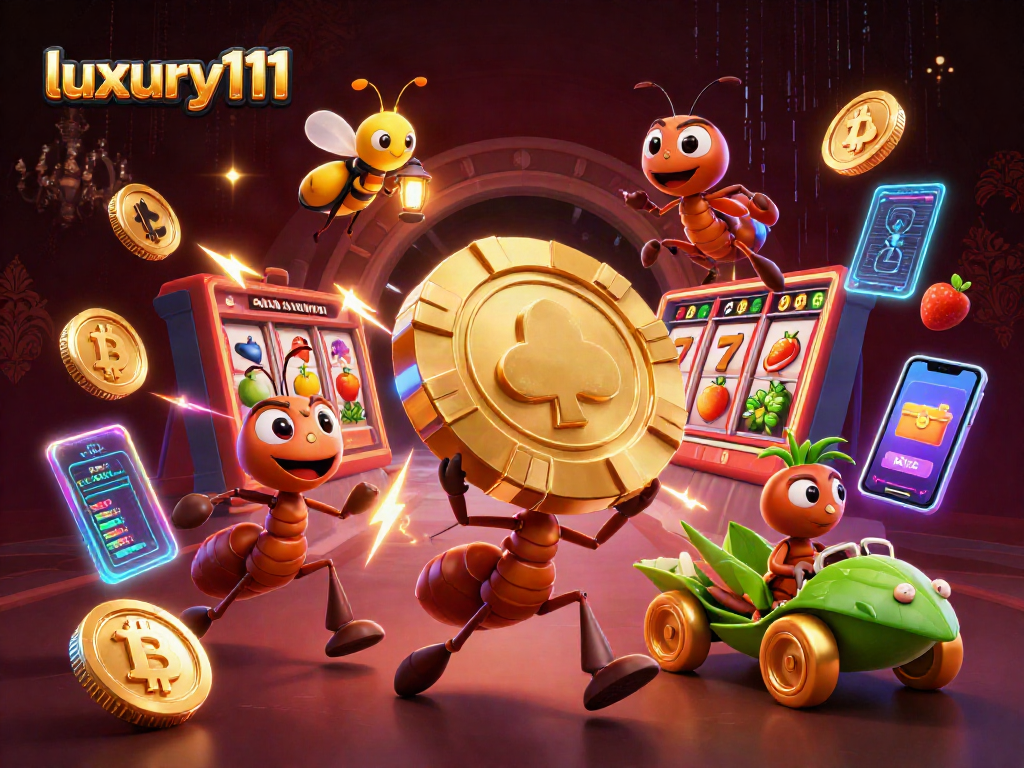 Ants execute a heist for the luxury111 poker chip amidst a vibrant casino scene.