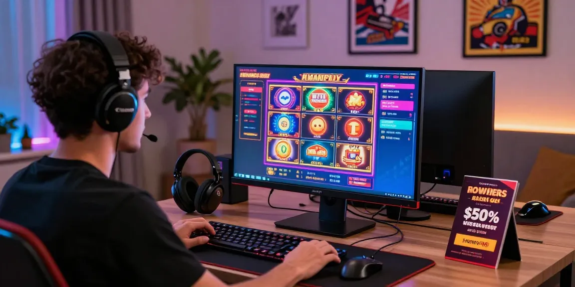 Gracz w najlepsze kasyno internetowe z nowoczesnym sprzętem gamingowym, neonowe światła i ekran z grami na żywo.