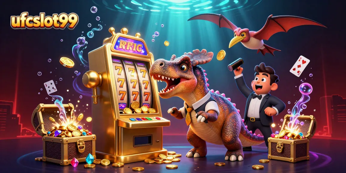 ufcslot99 showcases an exciting scene of jackpot wins with cartoon dinosaurs and golden coins.