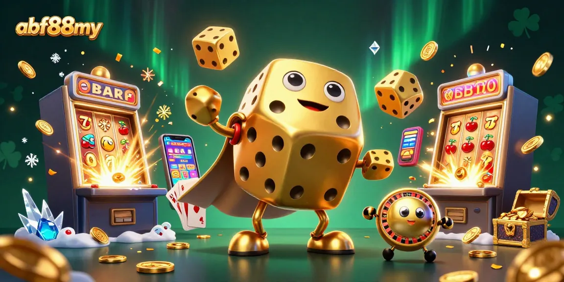Join the excitement of gambling with afb88my's lively depiction of a vibrant casino scene featuring golden dice and jackpot explosions.