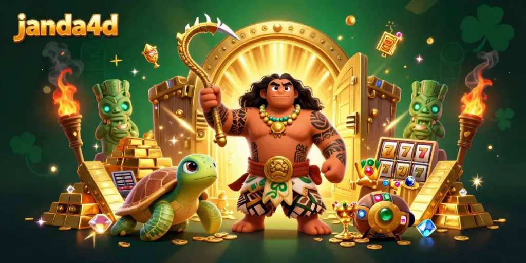Slot online janda4d menampilkan demigod, kura-kura, dan kekayaan di latar belakang bersinar.