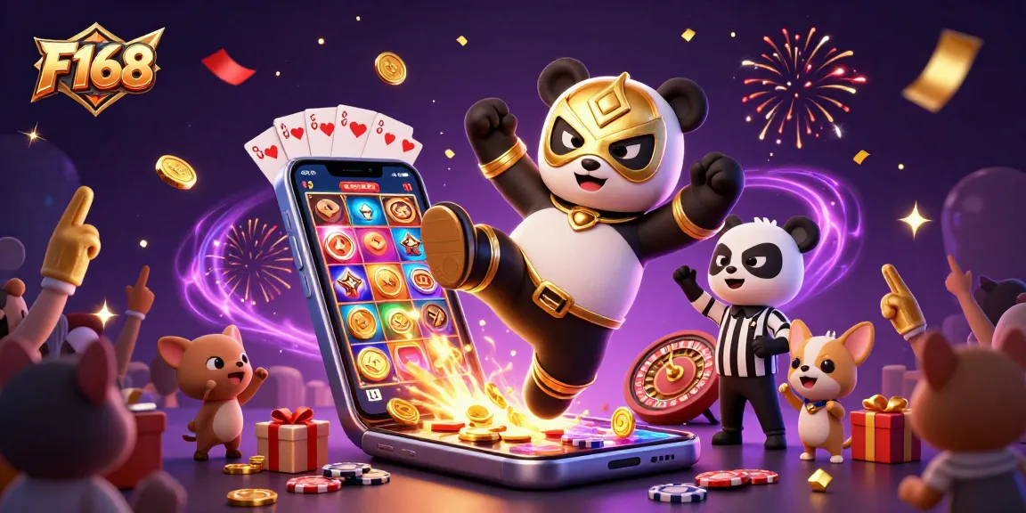 F168 combines immersive gaming elements with a thrilling atmosphere featuring a panda wrestler and chihuahua referee.