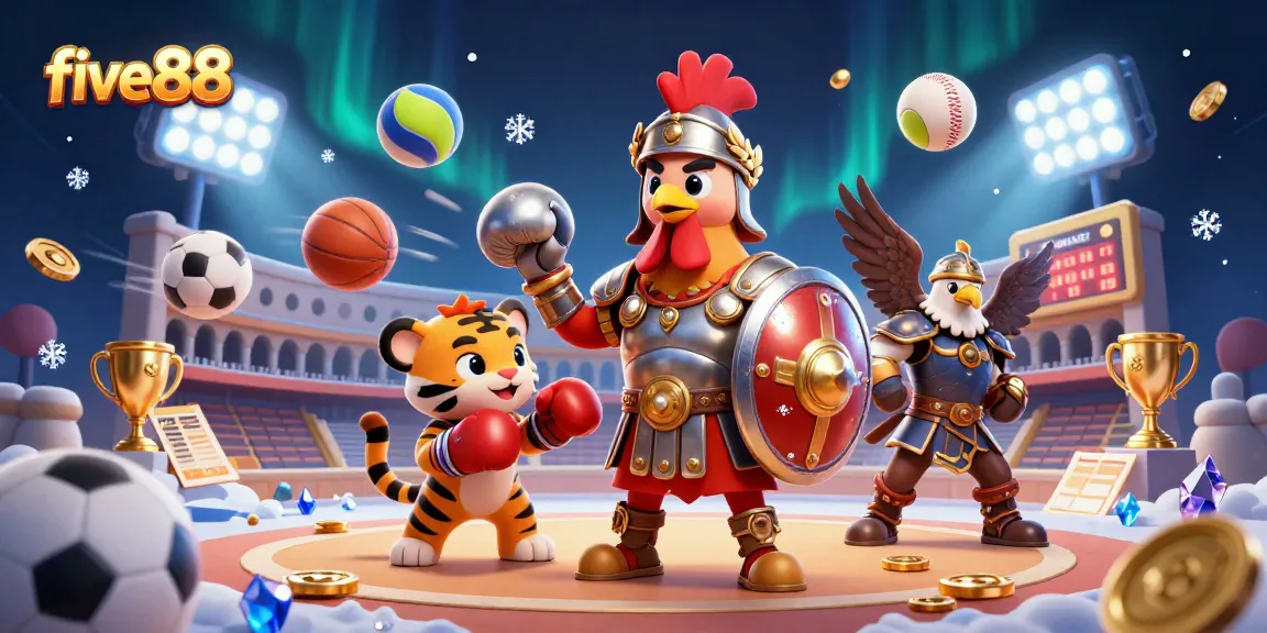 Witness thrilling action with five88 as a cartoon rooster and tiger cub prepare for battle in a rich casino arena.