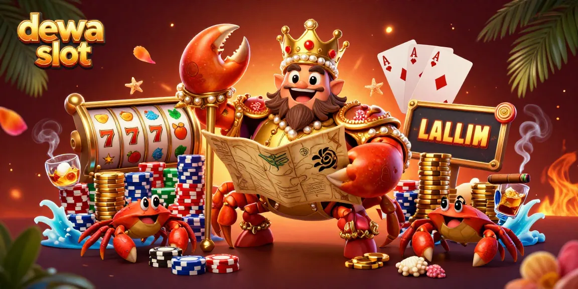 Experience thrilling wins at dewa slot with a vibrant scene of a royal crab and casino elements.