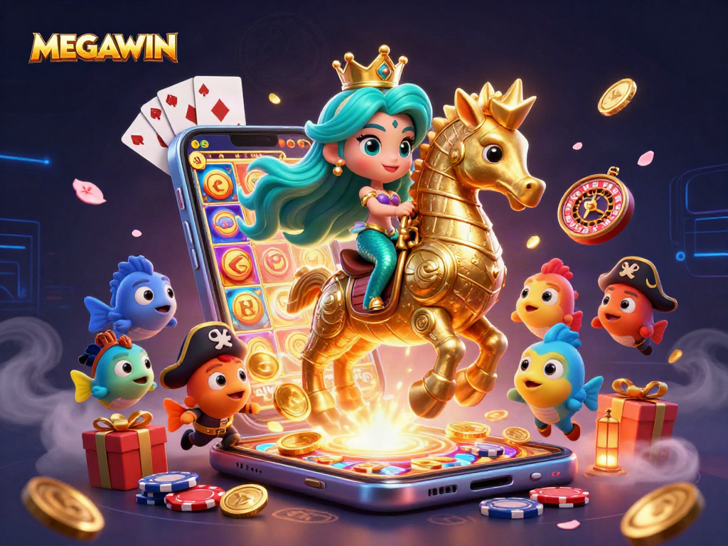 Join the MEGAWIN excitement with a captivating 3D scene of a mermaid princess and playful elements!