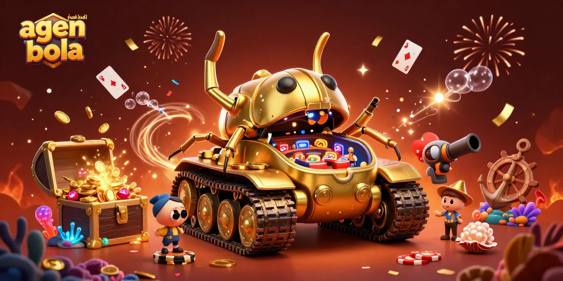 Engage with the exciting world of agen judi bola featuring a golden beetle casino tank, confetti, and treasure!