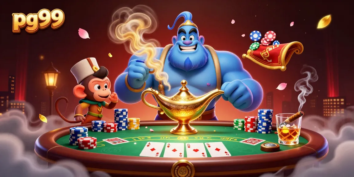 pg99 offers thrilling casino action with a cartoon genie and poker elements creating excitement.