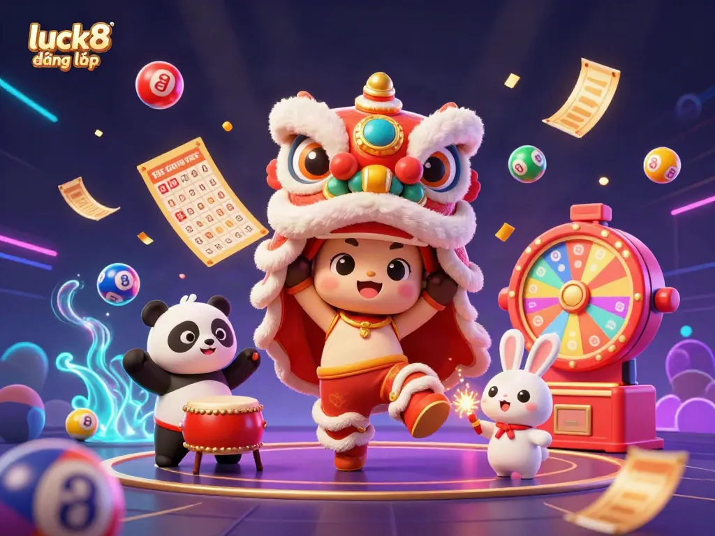 Engage in exciting gameplay action with luck8 đăng nhập, featuring vibrant characters and lottery elements.