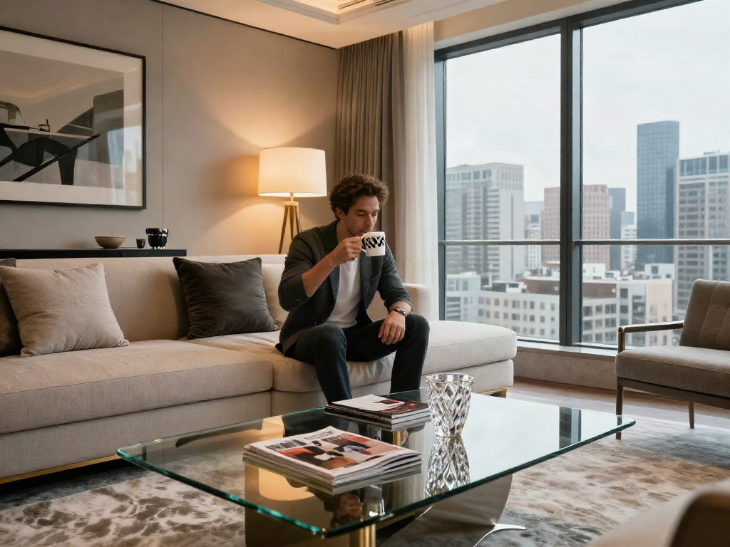 Interior mewah dengan LUXURY 111, individu bersantai di ruang tamu bergaya elegan.