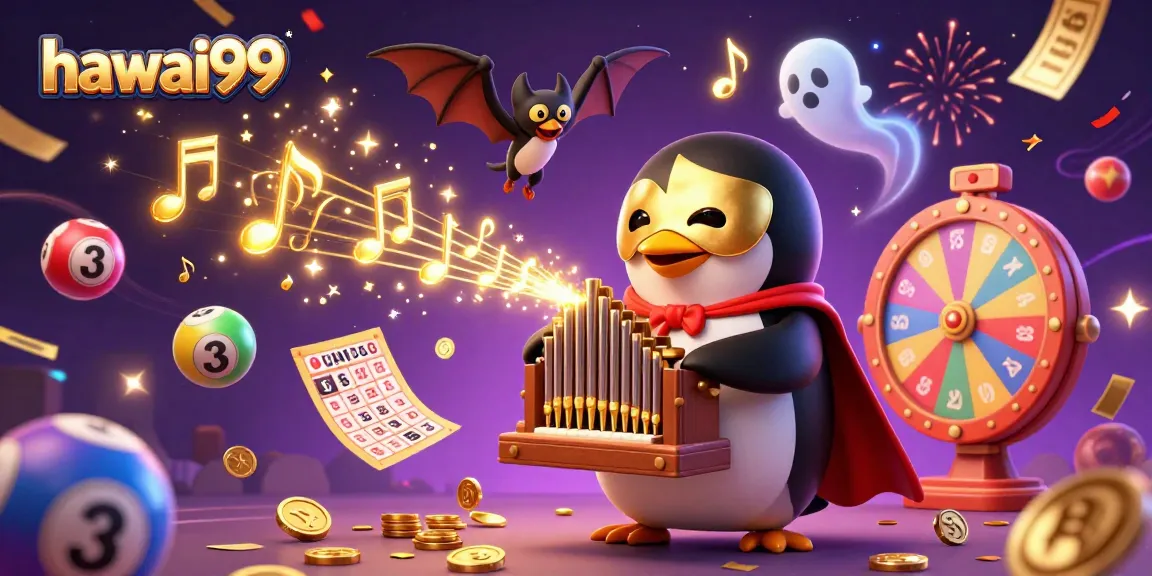 Engage with hawai99's vibrant gaming scene featuring a playful penguin and dynamic lottery elements.