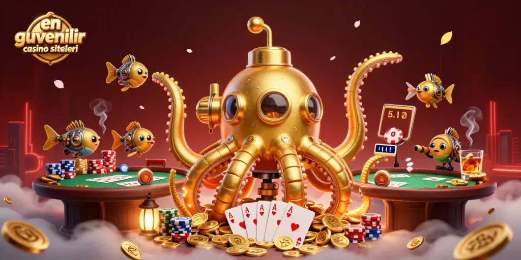 Engage with en güvenilir casino siteleri in this vibrant casino scene featuring a golden kraken submarine.