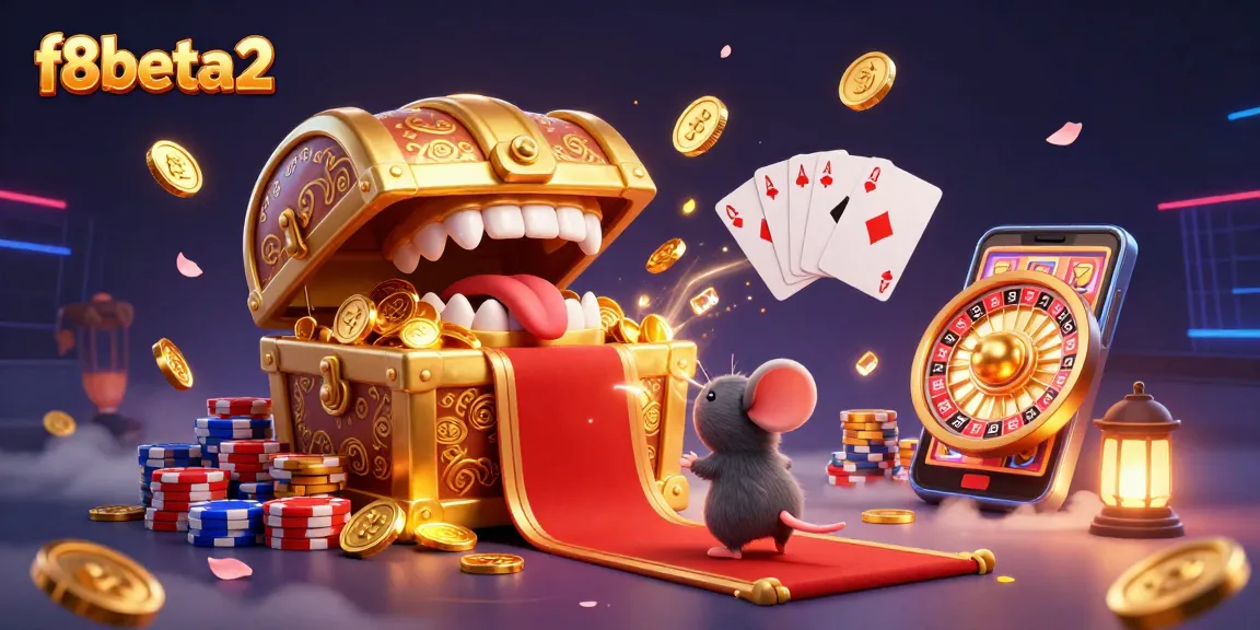 Engage with f8beta2's thrilling treasures in a vibrant 3D casino adventure illustration.
