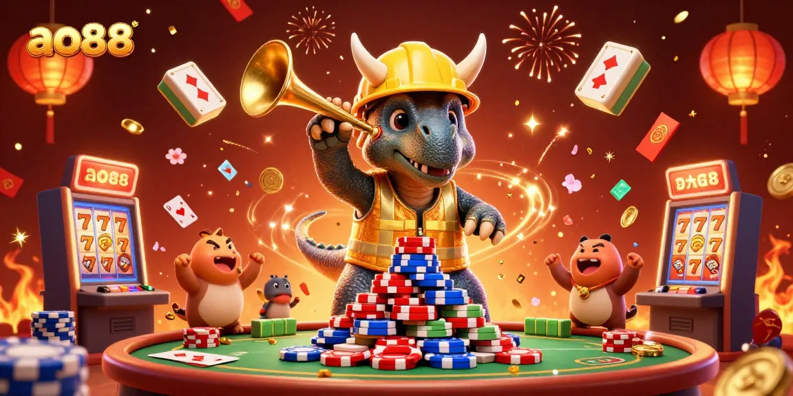 ao88 showcases vibrant casino energy with 3D dinosaurs celebrating gaming in style