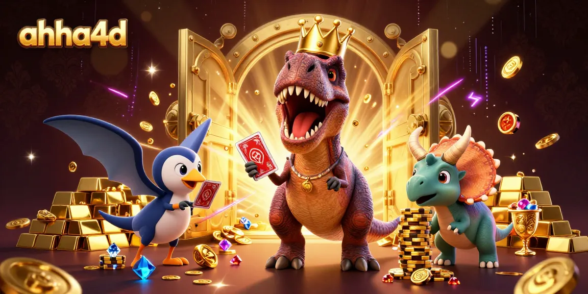 ahha4d menyajikan ilustrasi kasino dengan T-Rex yang sedang mengocok kartu dan triceratops menumpuk chip emas.