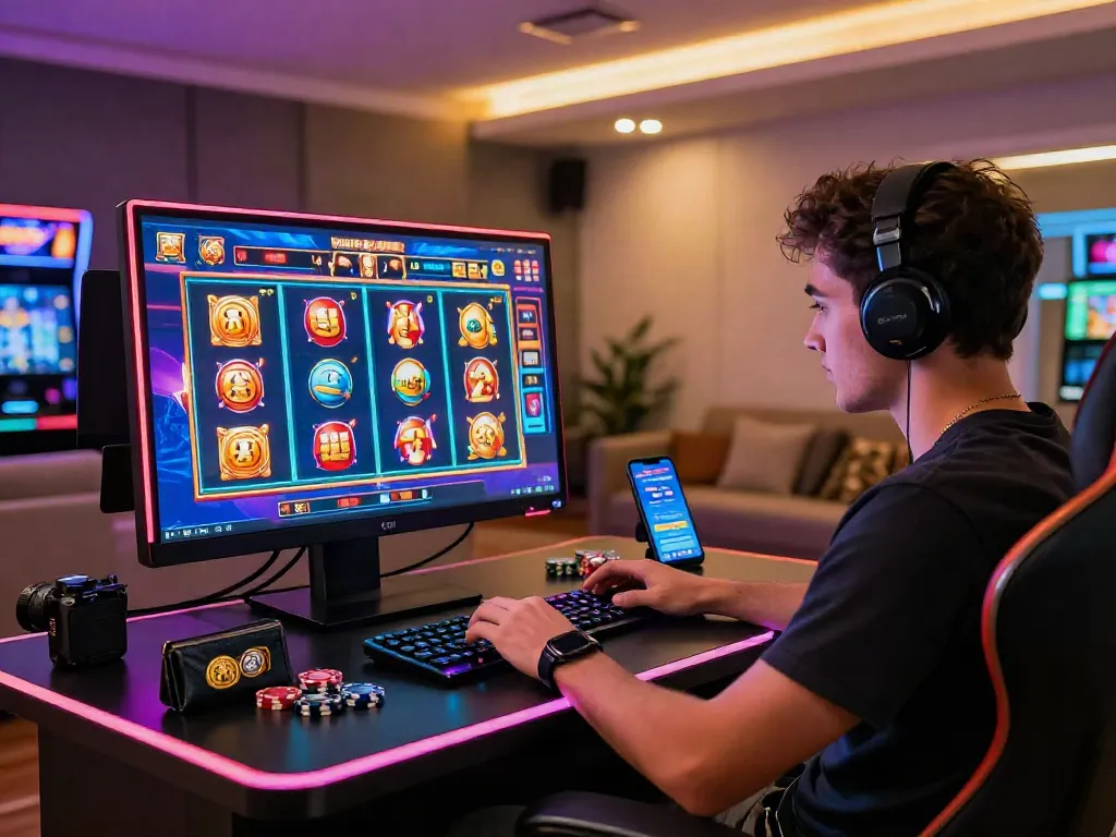 Player enjoying slot online games at stylish gaming station, vibrant graphics on screen