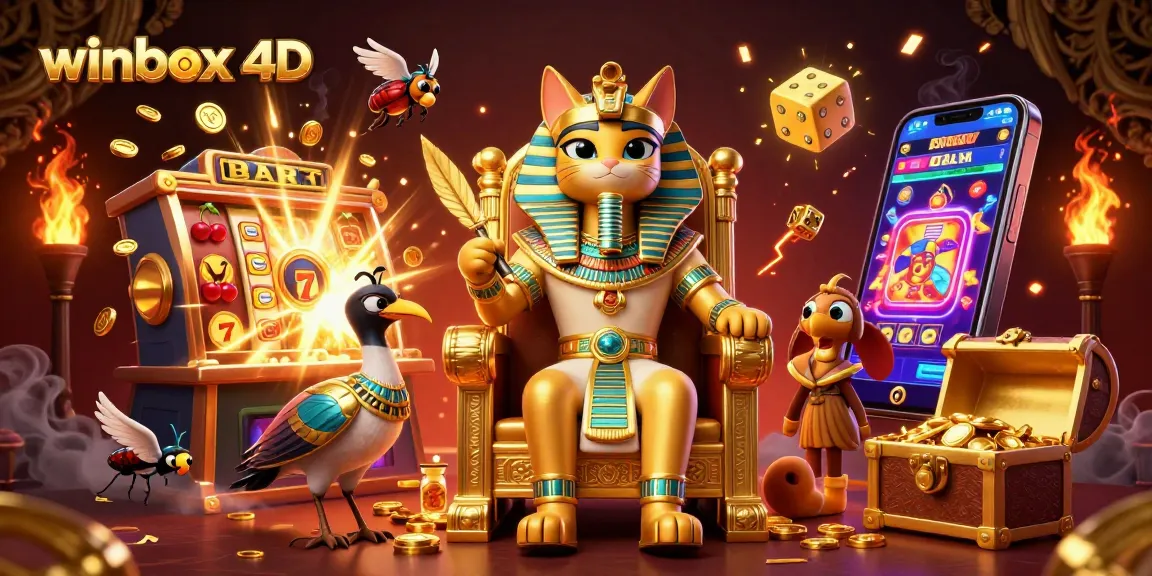 Winbox 4D scene showcasing a cartoon Egyptian pharaoh cat amidst exploding jackpots and vibrant casino elements.