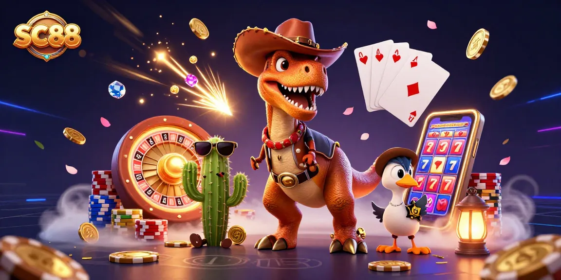Experience the thrill of gaming at SC88, where a T-Rex cowboy and friends celebrate with spinning roulette and winning slot reels.