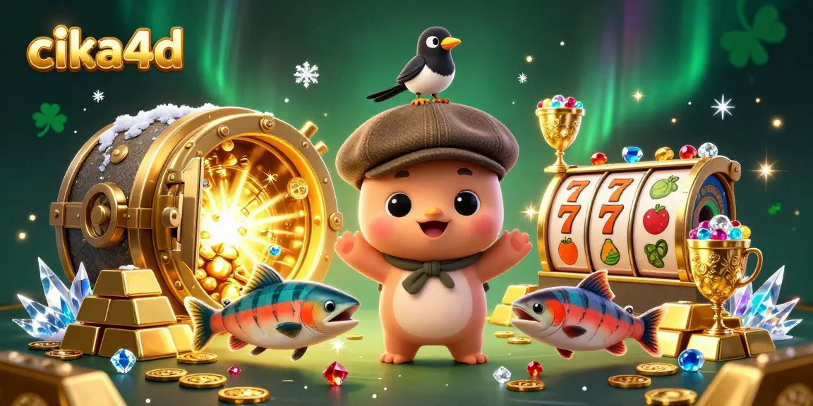 Cika4d features a playful cartoon Nessie enjoying slots and treasures in a vibrant casino scene.